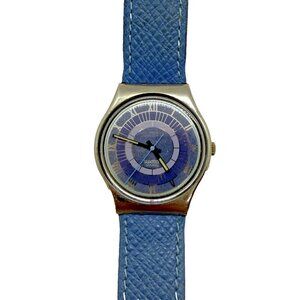 Vtg Swatch Men's Watch ALEXANDER GX123 Swiss Made Quartz Blue Leather Band